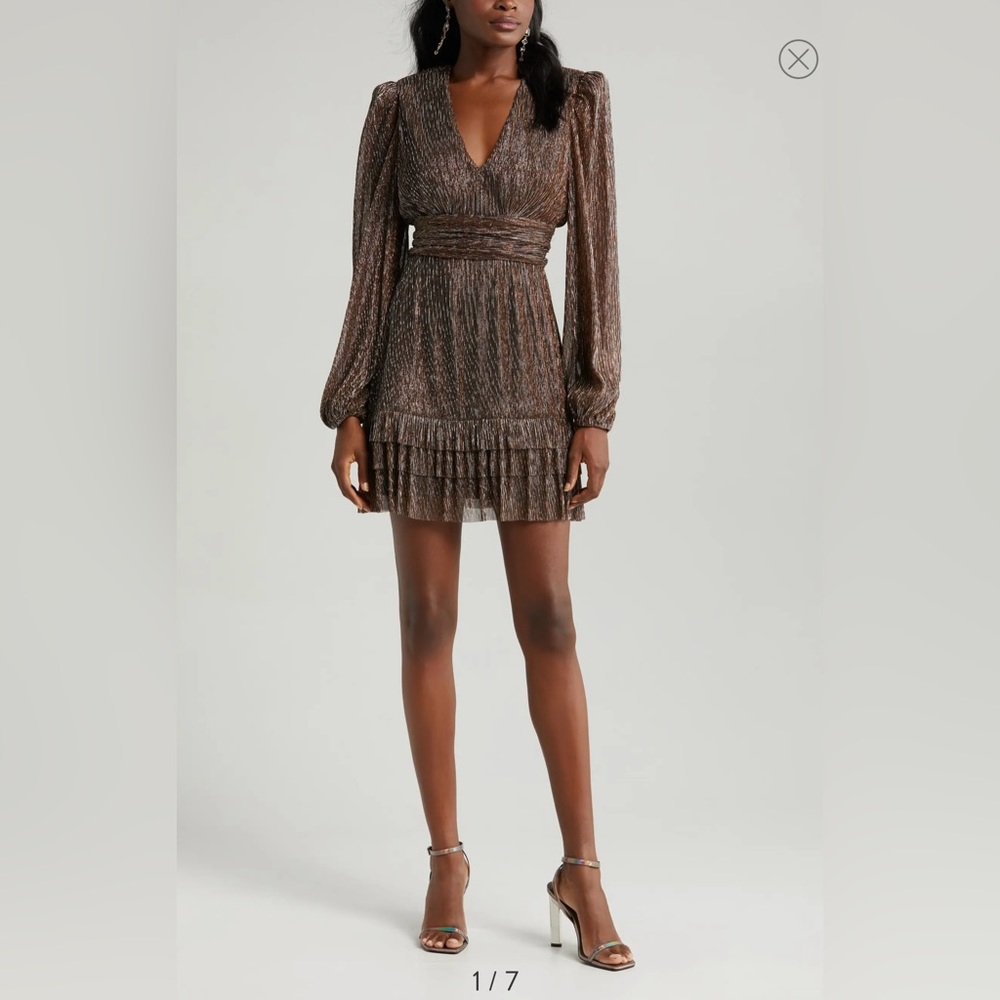 NWT Floret Studios Metallic Plissé Long Sleeve Mini Cocktail Dress. Size XS